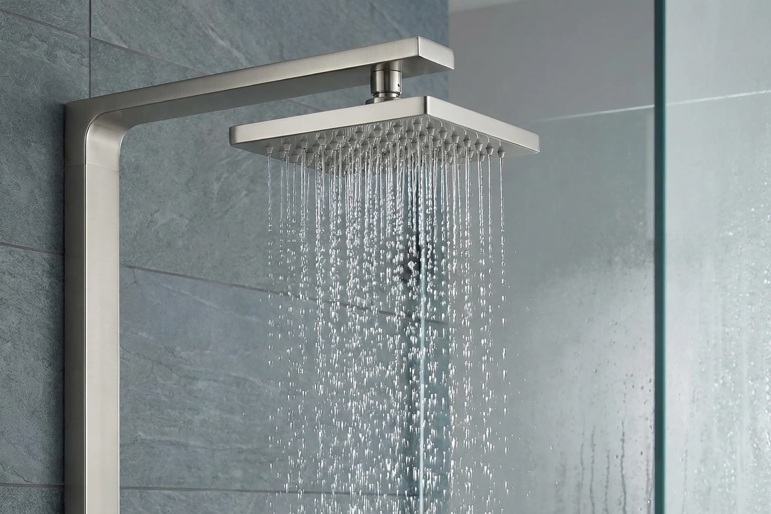 modern square shower head with flowing water tiled bathroom